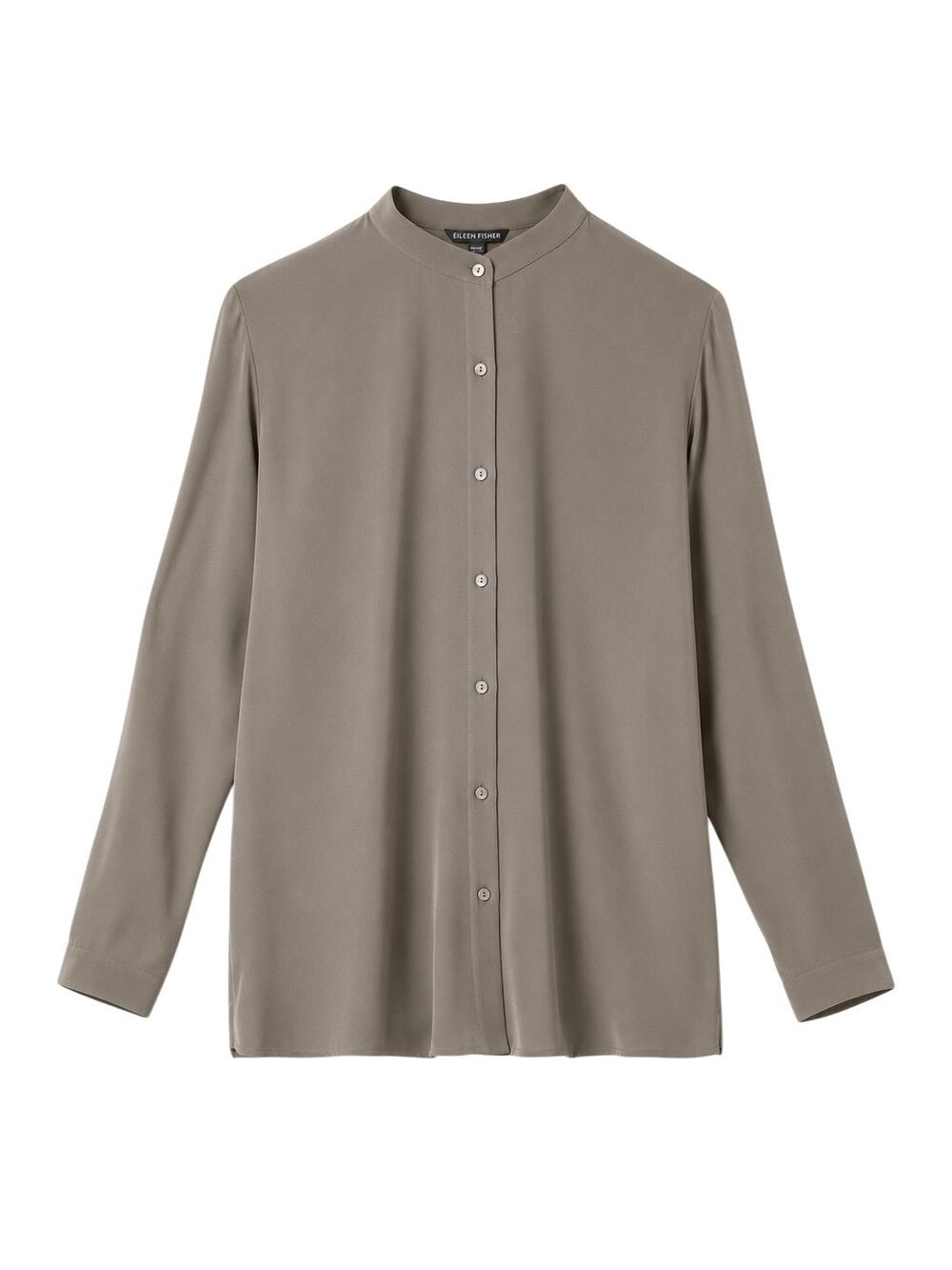 Eileen Fisher Silk Georgette Crepe Band Collar Grove Shirt Gray PL Petite L Luxe